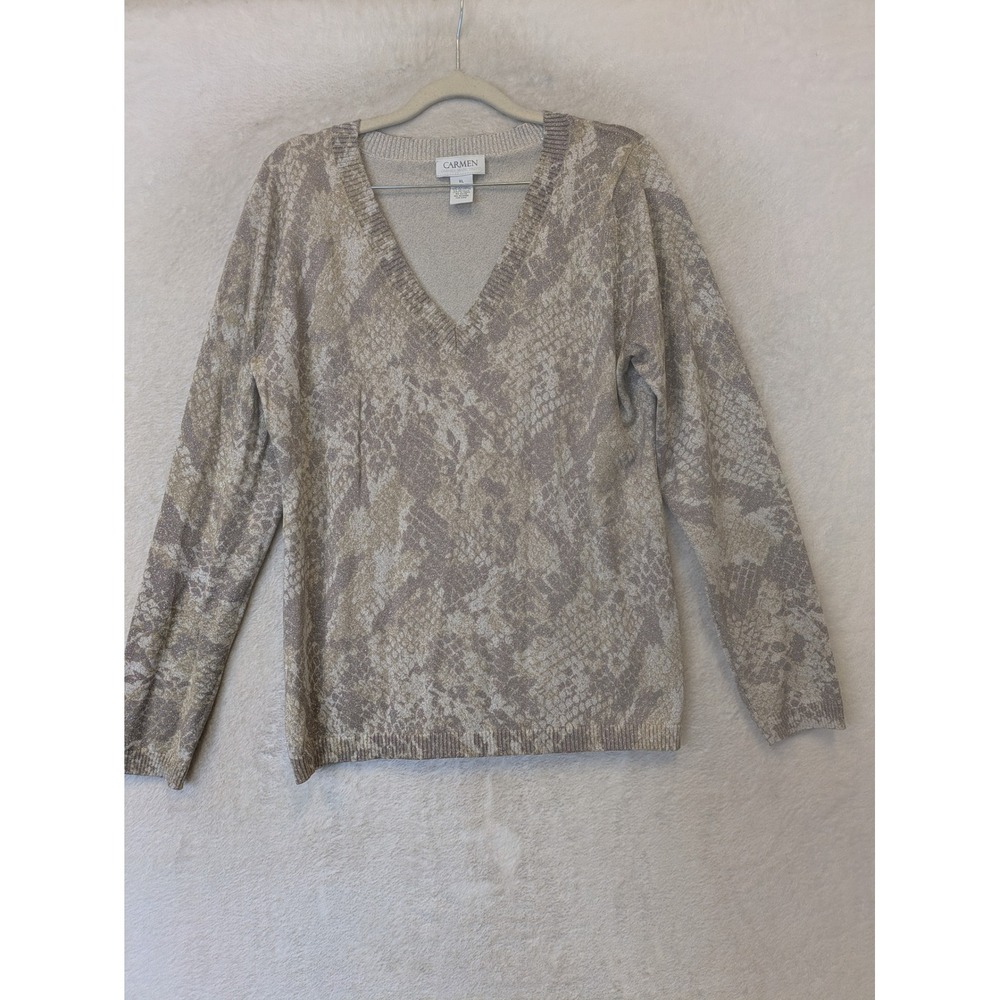 Carmen Marc Valvo Sweater Women's XL Gold Silver Metallic Snake Print V-Neck